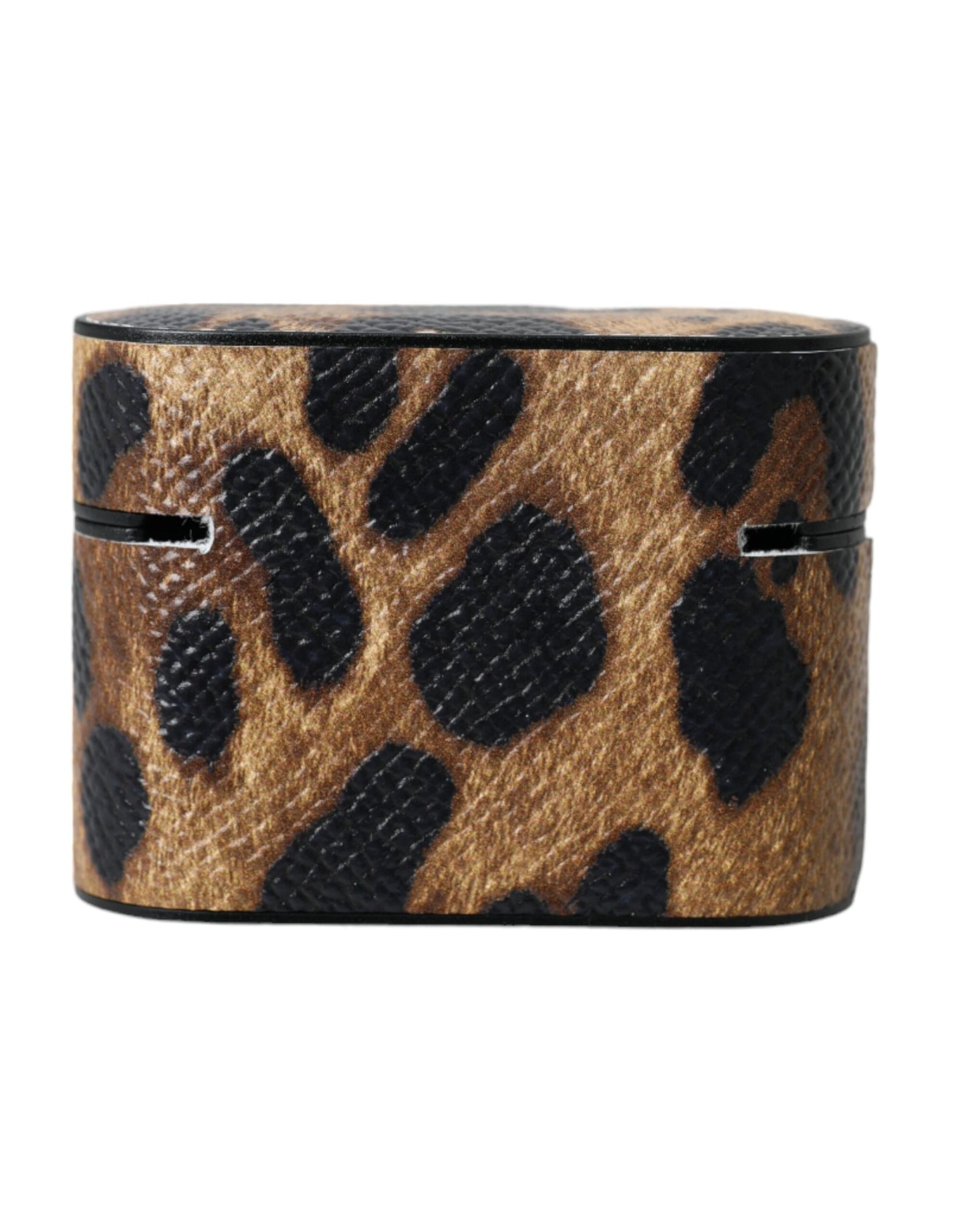 Estuche para AirPods de piel de becerro con estampado de leopardo marrón y placa metálica con el logotipo