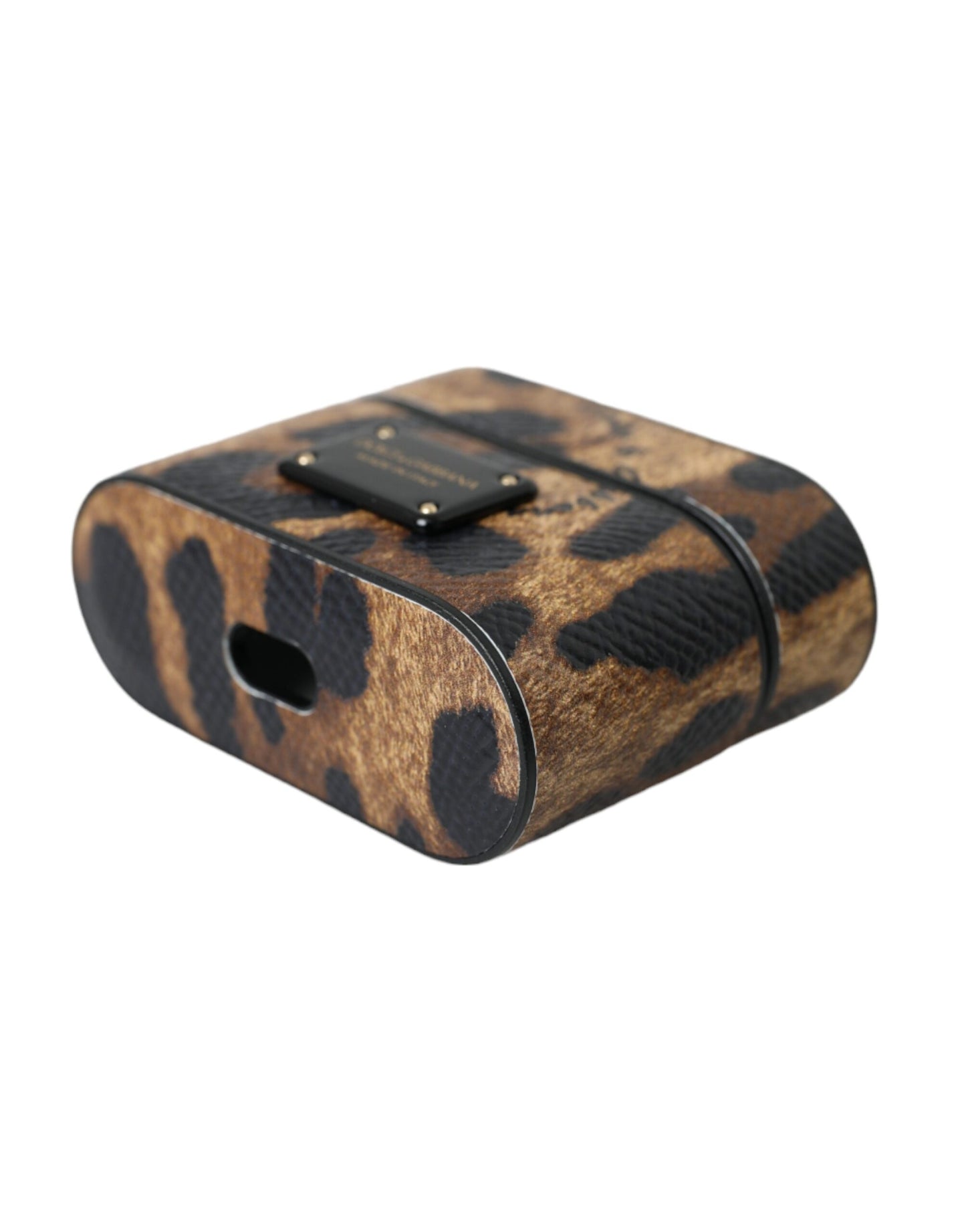 Estuche para AirPods de piel de becerro con estampado de leopardo marrón y placa metálica con el logotipo