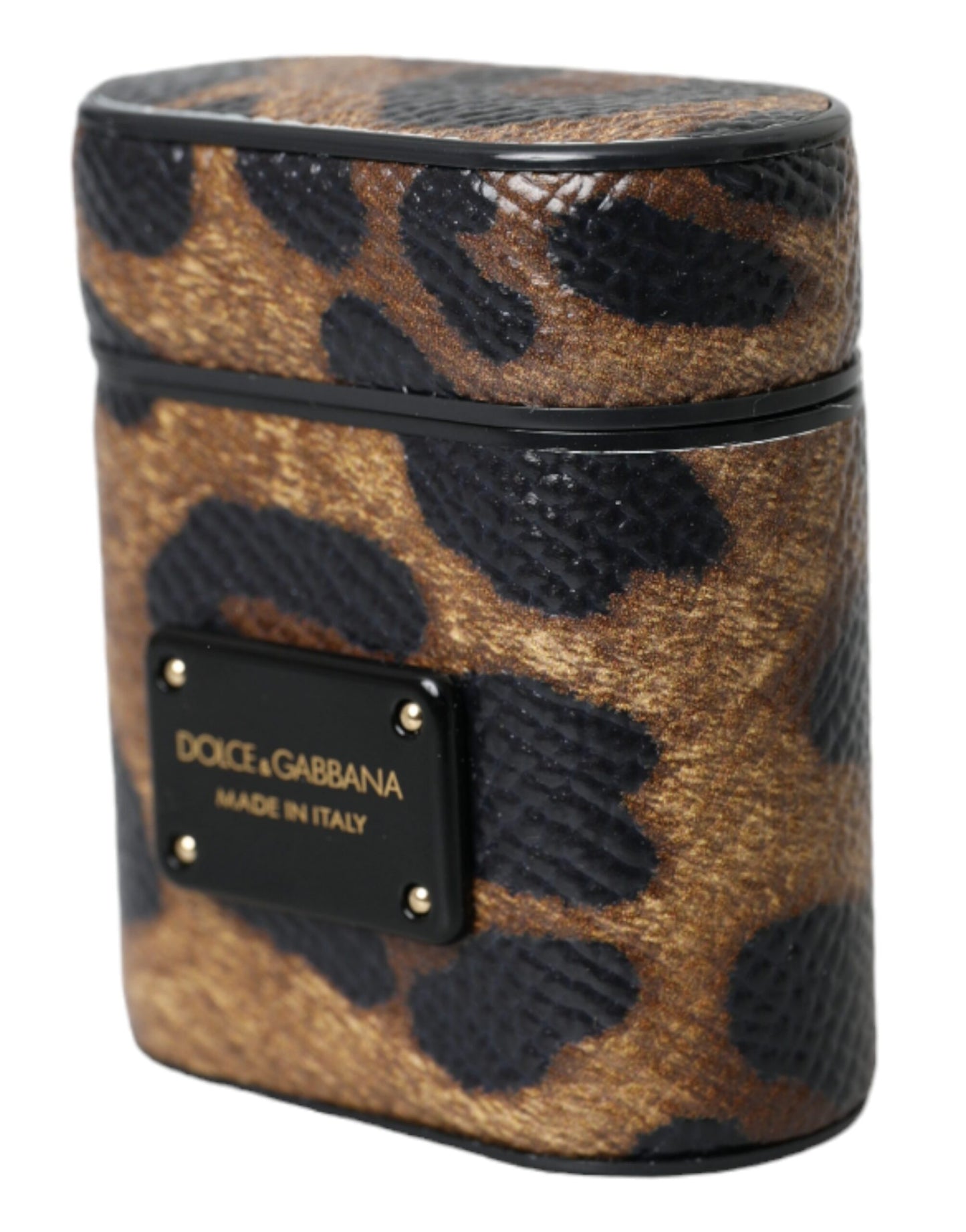 Estuche para AirPods de piel de becerro con estampado de leopardo marrón y placa metálica con el logotipo