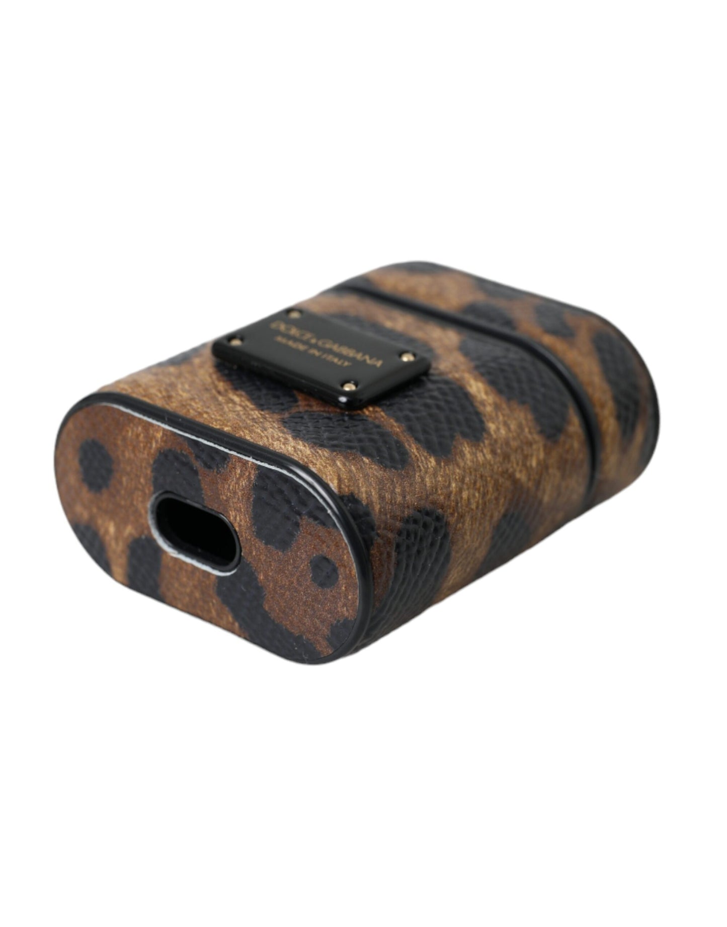 Estuche para AirPods de piel de becerro con estampado de leopardo marrón y placa metálica con el logotipo