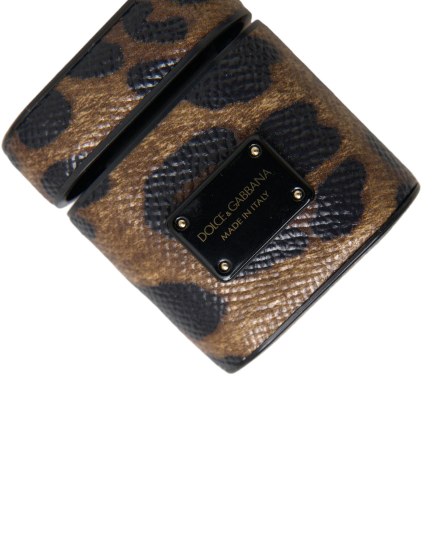 Estuche para AirPods de piel de becerro con estampado de leopardo marrón y placa metálica con el logotipo