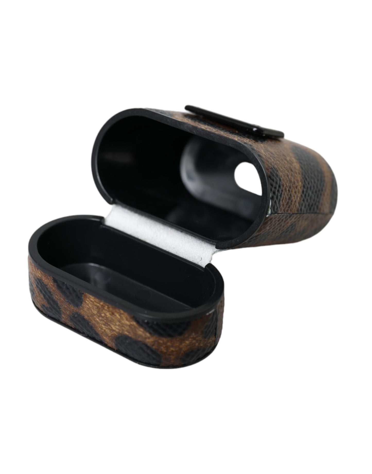 Estuche para AirPods de piel de becerro con estampado de leopardo marrón y placa metálica con el logotipo
