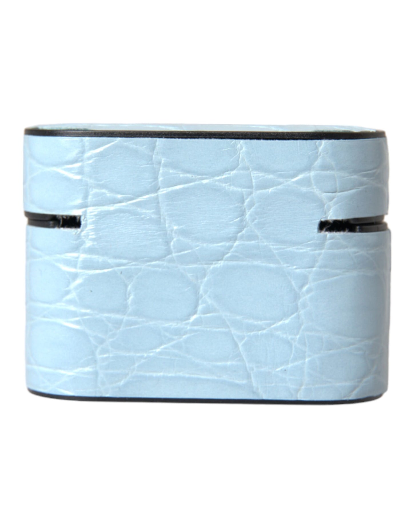 Estuche para AirPods de cuero azul claro con placa metálica y logotipo
