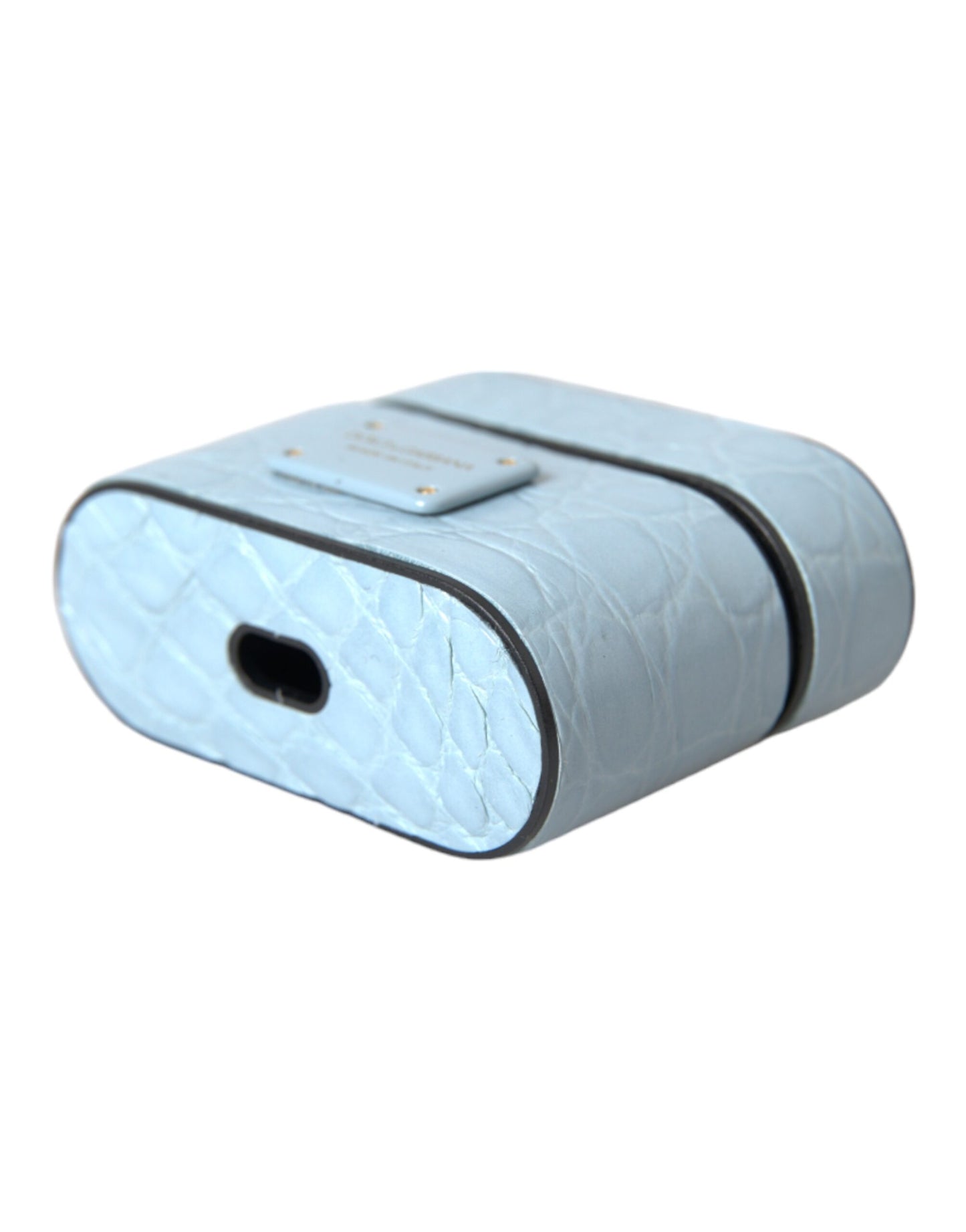 Estuche para AirPods de cuero azul claro con placa metálica y logotipo
