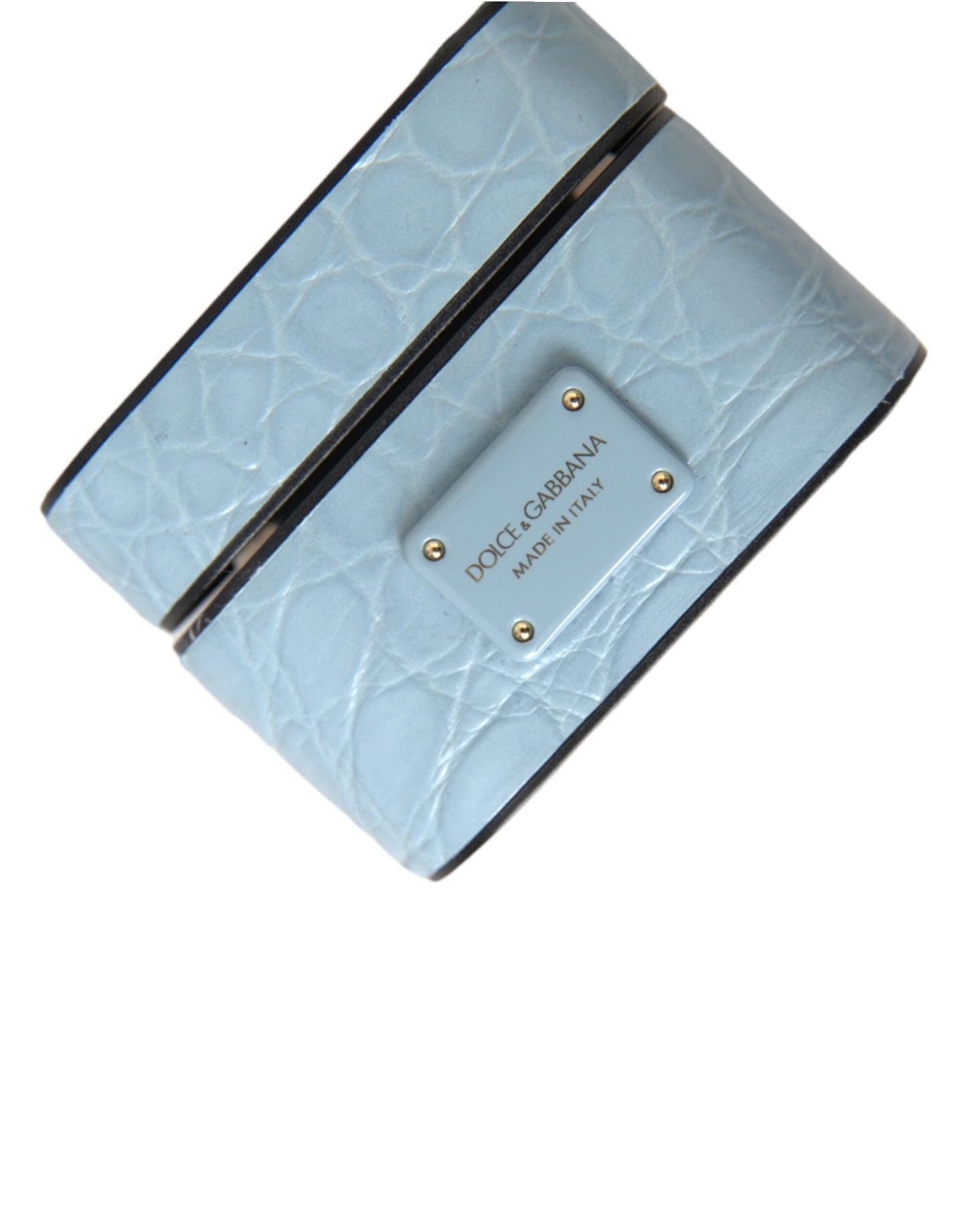 Estuche para AirPods de cuero azul claro con placa metálica y logotipo