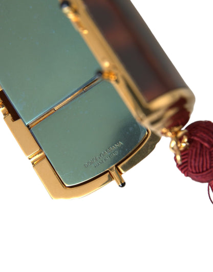 Mini bolso de maquillaje con borla y espejo de leopardo marrón