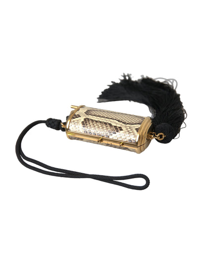 Mini bolso de maquillaje con borla y espejo de cuero exótico beige