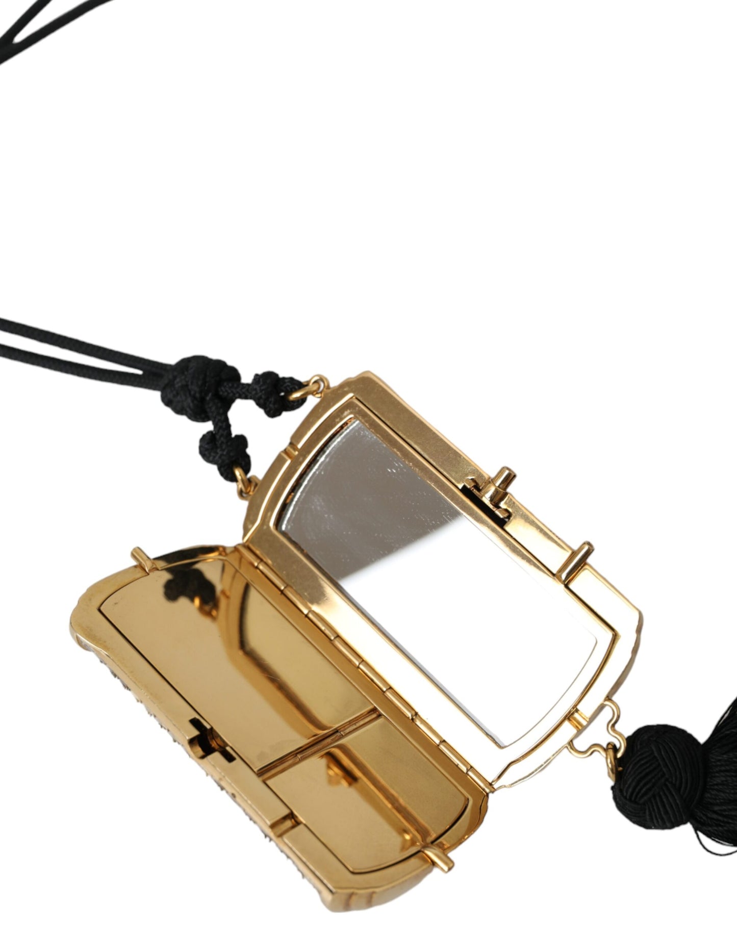 Mini bolso de maquillaje con borla y espejo de cuero exótico beige