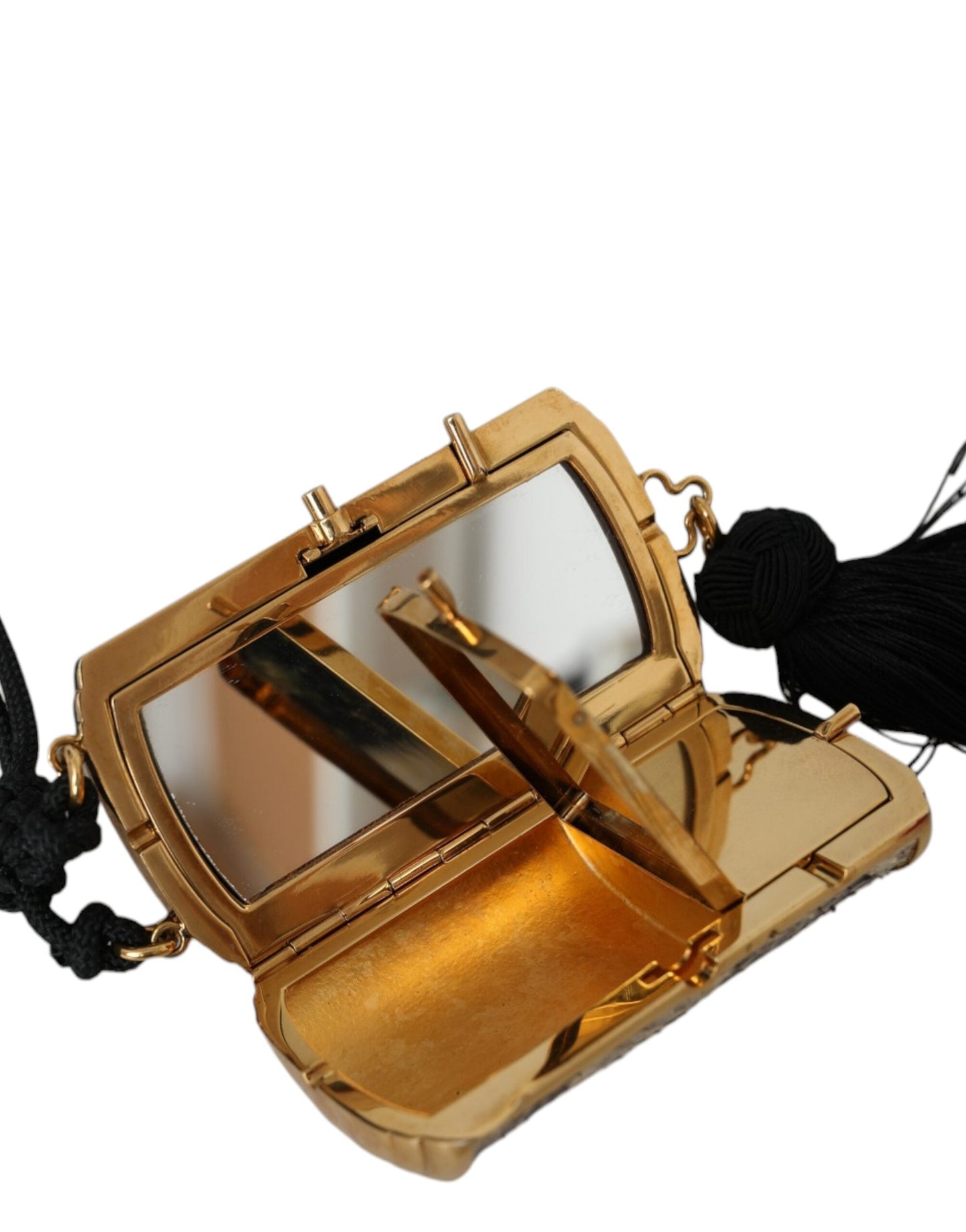 Mini bolso de maquillaje con borla y espejo de cuero exótico beige
