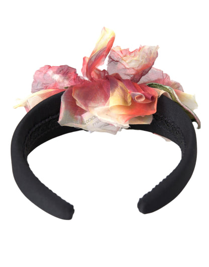 Tiara negra de seda floral rosa para mujer, diadema