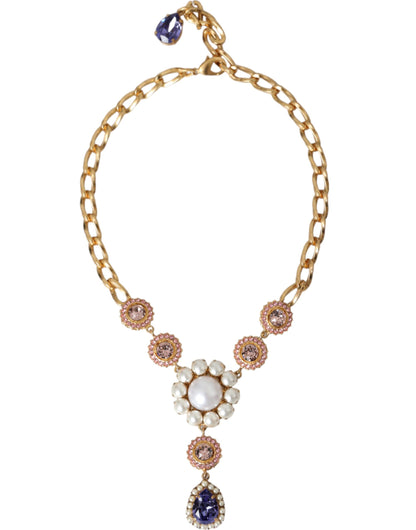 Collar con colgantes de perlas moradas y rosas de cristal y latón dorado