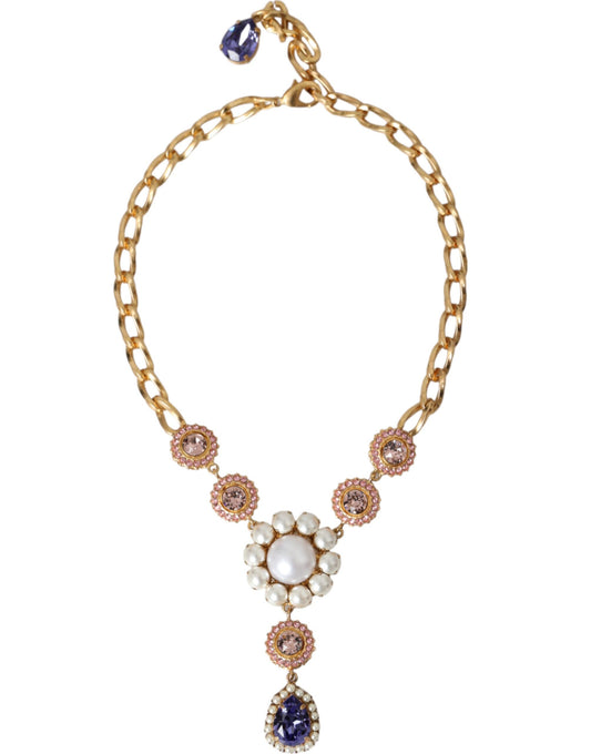 Collar con colgantes de perlas moradas y rosas de cristal y latón dorado
