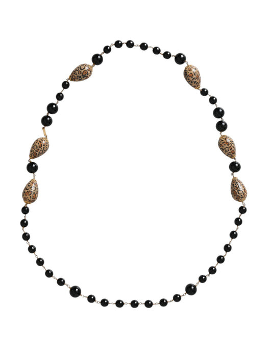 Collar de cadena larga con cuentas estampadas en negro y latón dorado