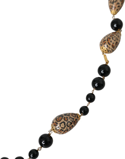 Collar de cadena larga con cuentas estampadas en negro y latón dorado