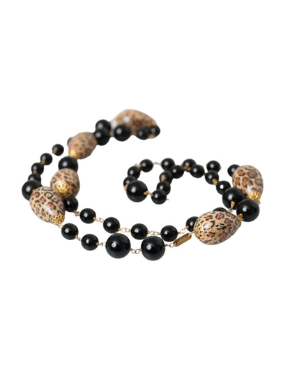 Collar de cadena larga con cuentas estampadas en negro y latón dorado