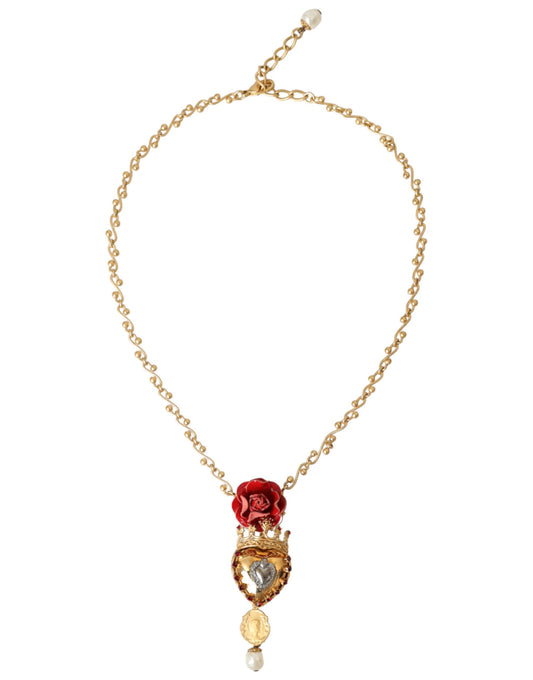 Collar con dije de cristal rosa del Sagrado Corazón y cadena de latón dorado