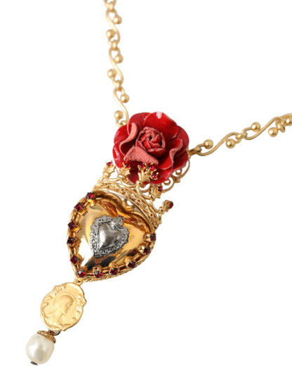 Collar con dije de cristal rosa del Sagrado Corazón y cadena de latón dorado