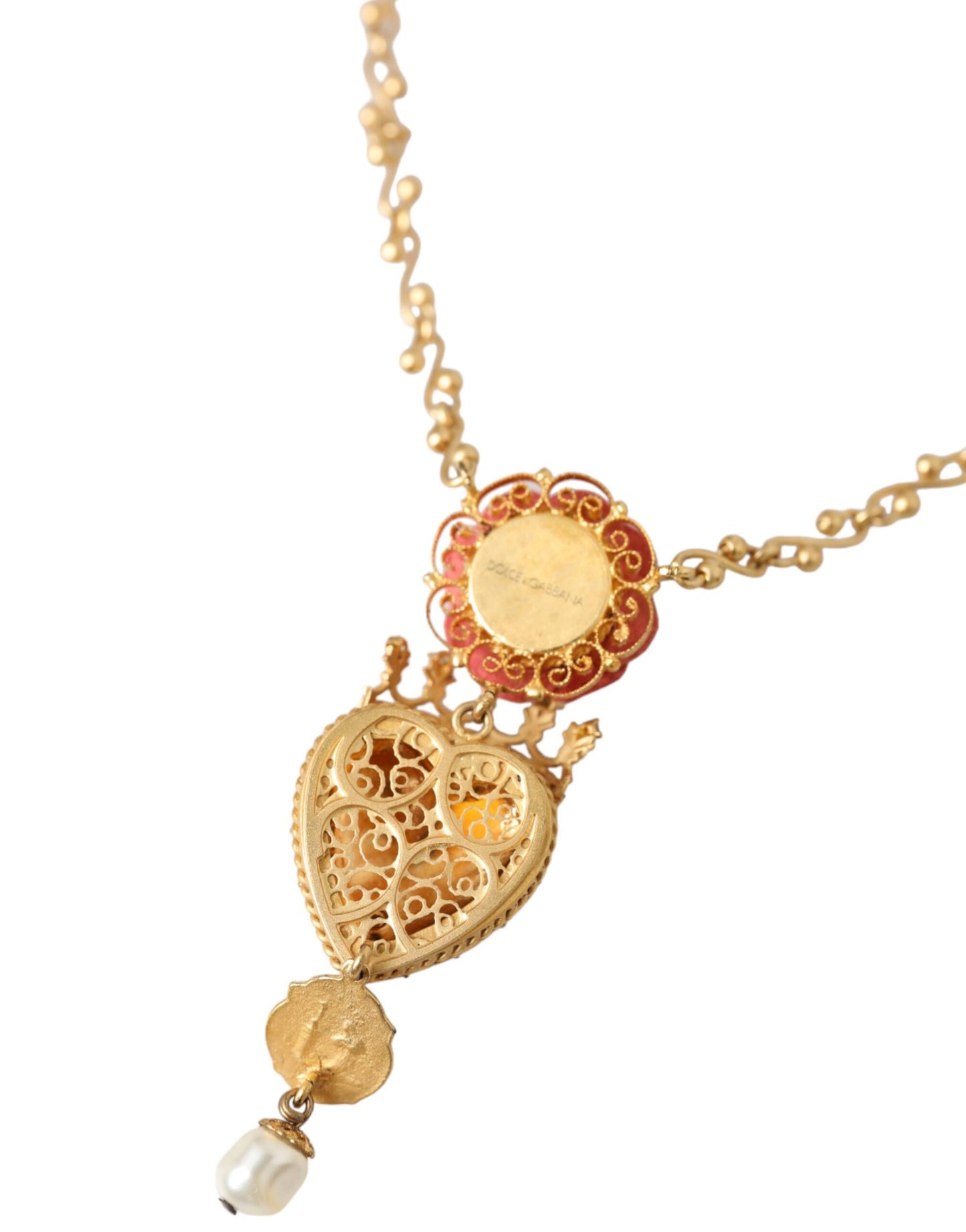 Collar con dije de cristal rosa del Sagrado Corazón y cadena de latón dorado