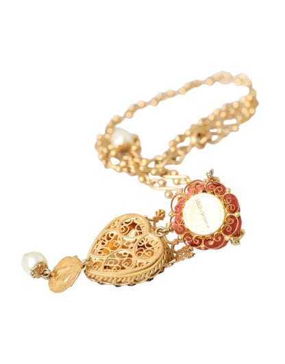 Collar con dije de cristal rosa del Sagrado Corazón y cadena de latón dorado