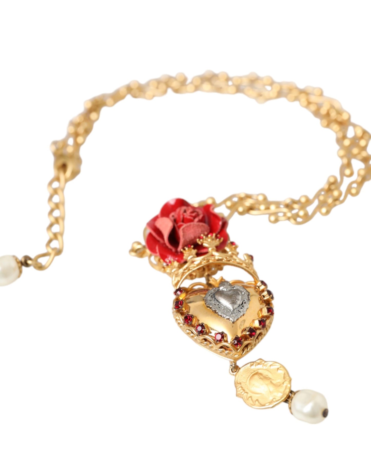 Collar con dije de cristal rosa del Sagrado Corazón y cadena de latón dorado