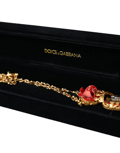Collar con dije de cristal rosa del Sagrado Corazón y cadena de latón dorado