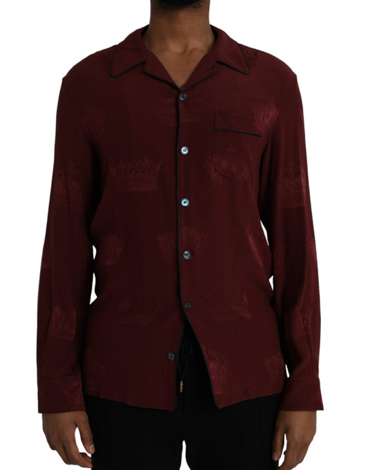 Camisa de manga larga de seda jacquard con corona granate