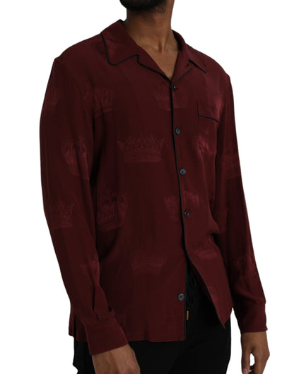 Camisa de manga larga de seda jacquard con corona granate