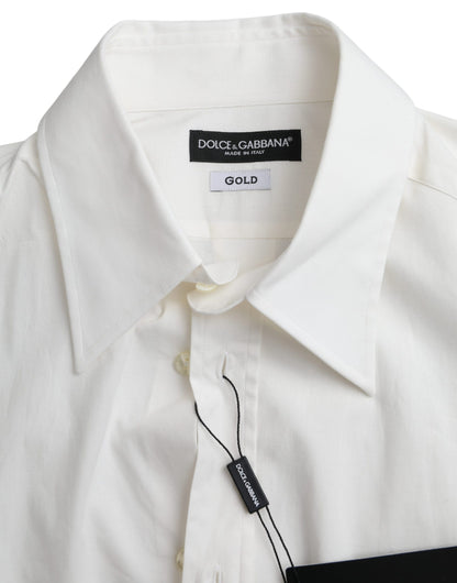 Vestido de algodón blanco, corte entallado, camisa dorada