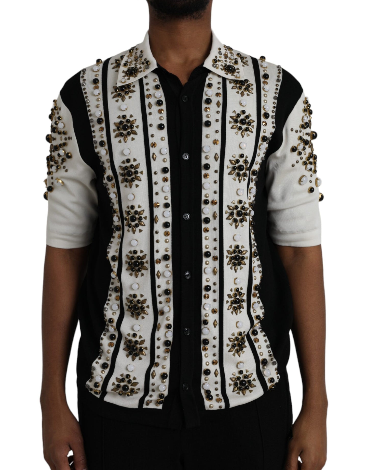 Camisa de seda blanca y negra con cristales tachonados