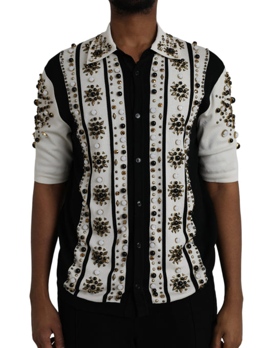 Camisa de seda blanca y negra con cristales tachonados