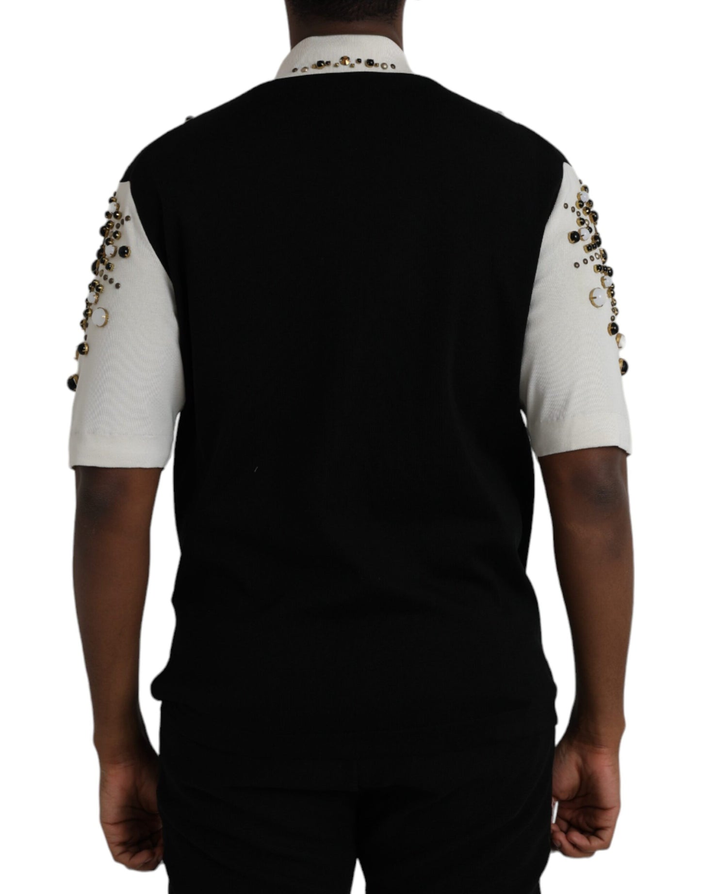 Camisa de seda blanca y negra con cristales tachonados