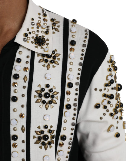 Camisa de seda blanca y negra con cristales tachonados