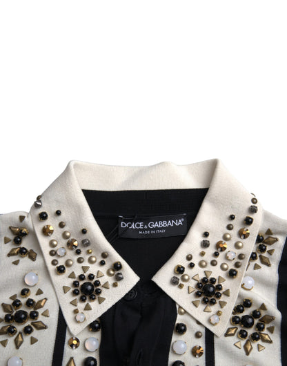 Camisa de seda blanca y negra con cristales tachonados