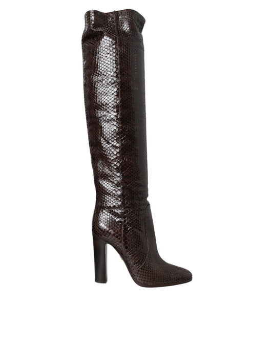 Botas altas de tacón de piel exótica marrón
