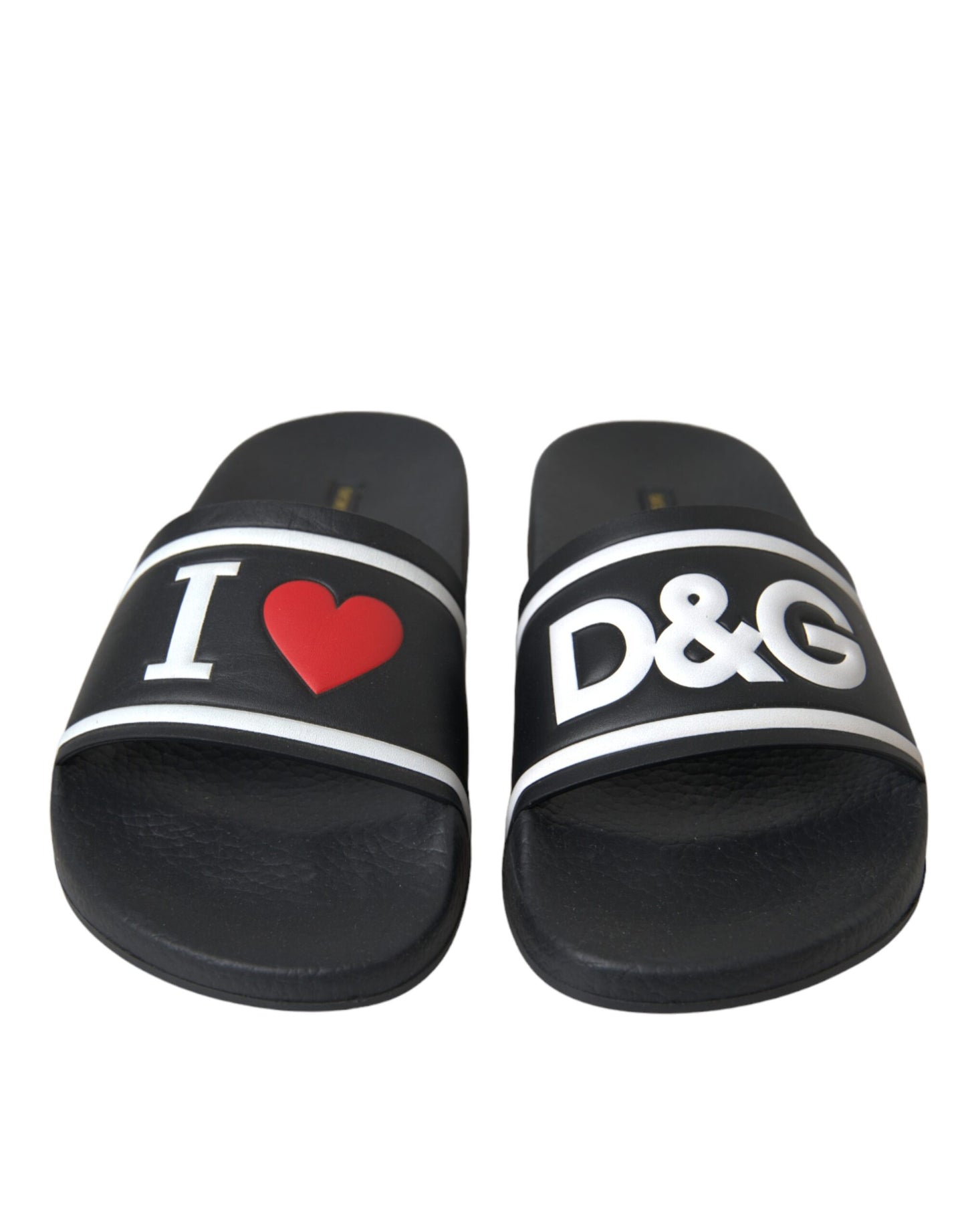 Sandalias y chanclas de cuero negro con la frase "I Love D&amp;G"