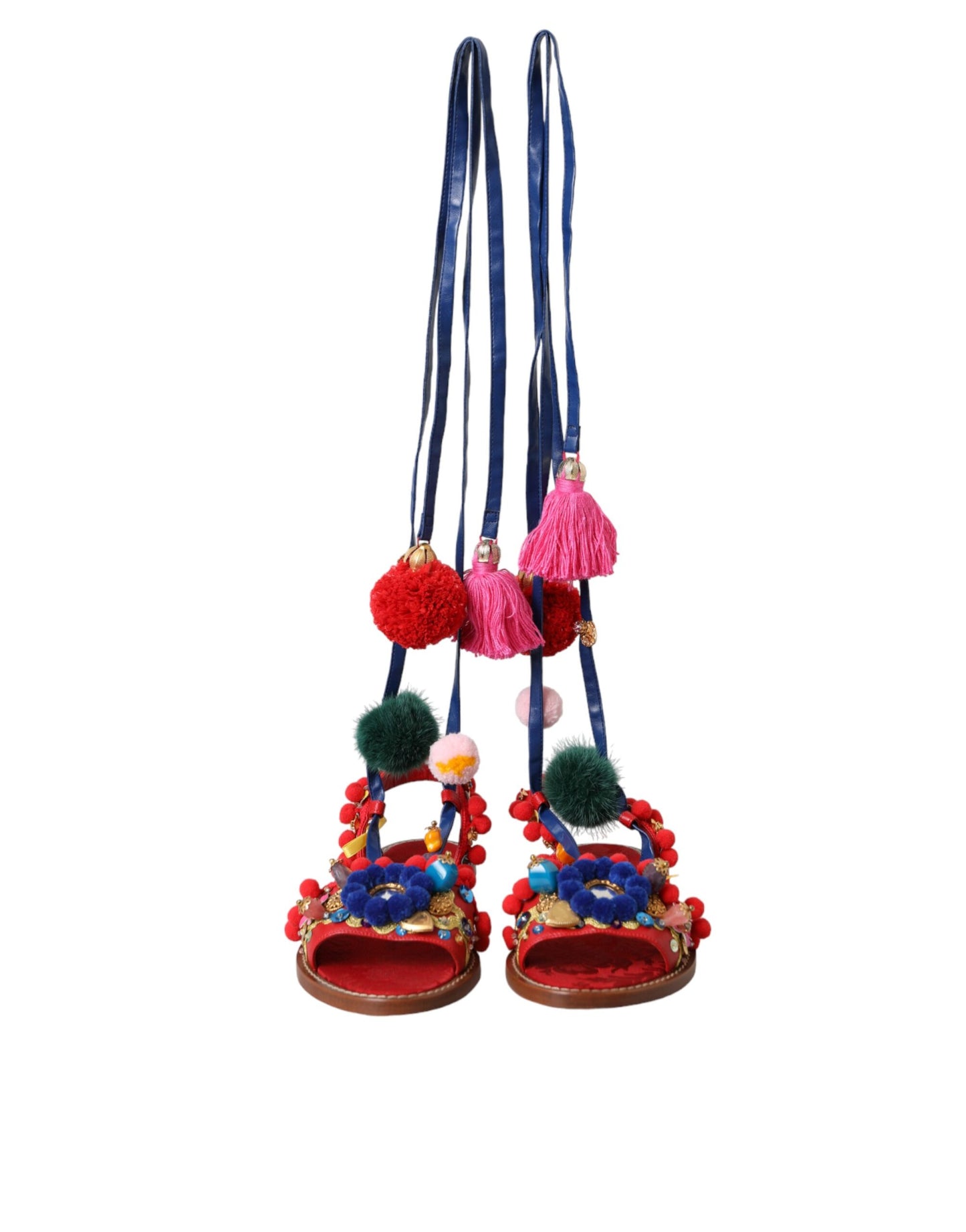 Sandalias con pompones multicolores y piel envolvente