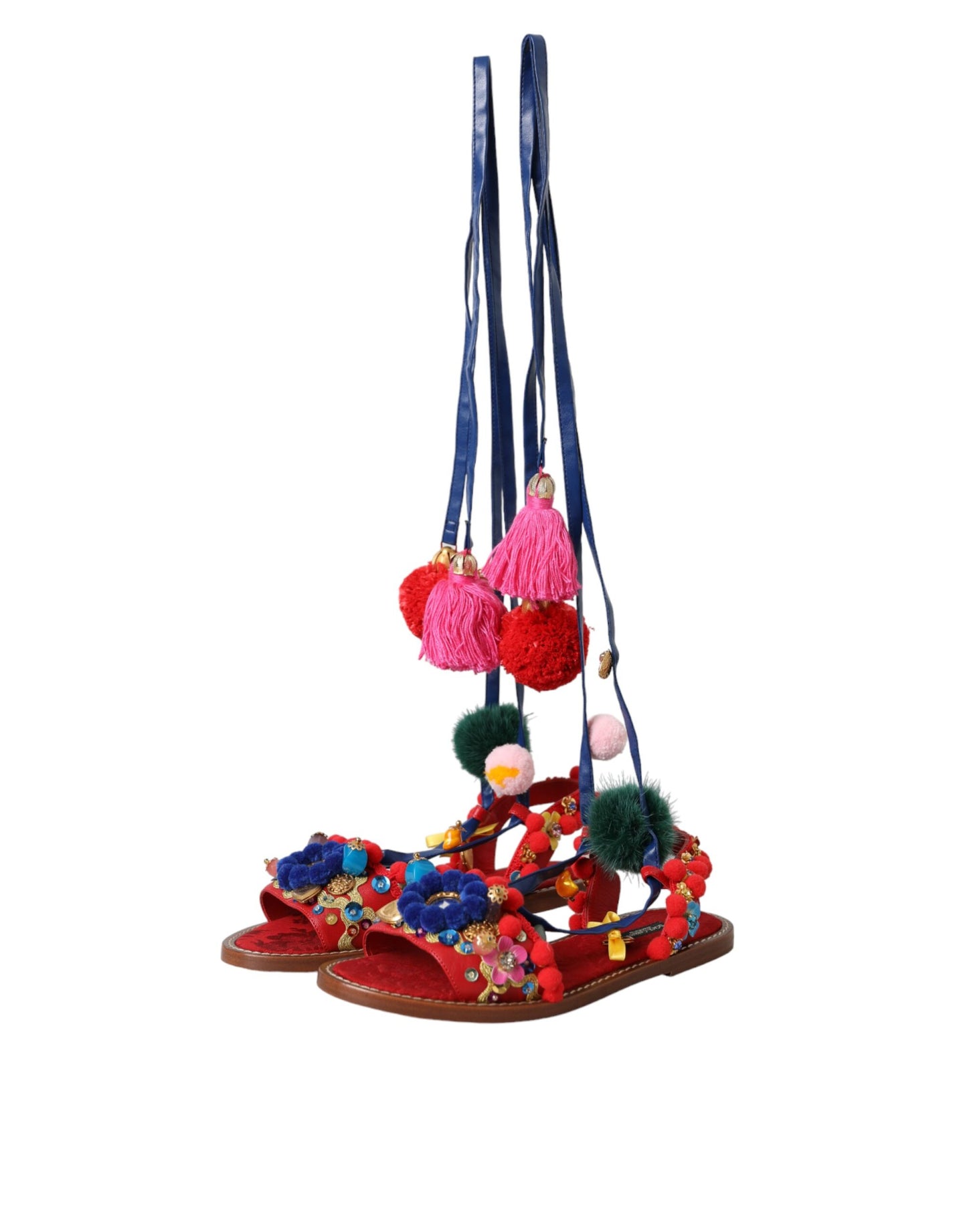 Sandalias con pompones multicolores y piel envolvente