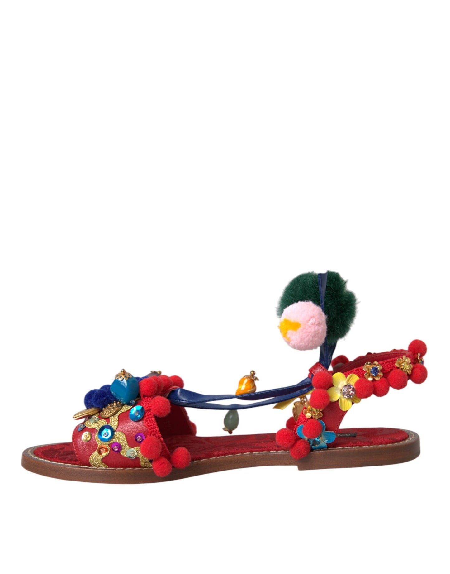 Sandalias con pompones multicolores y piel envolvente