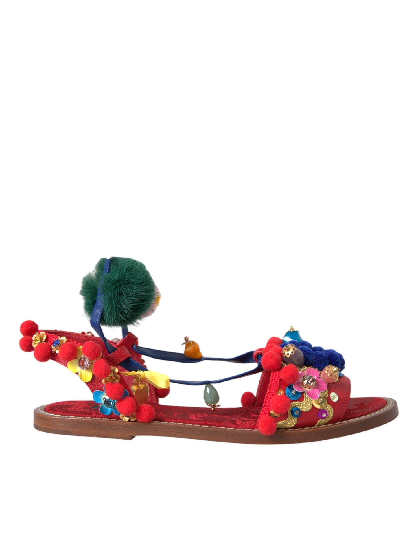 Sandalias con pompones multicolores y piel envolvente