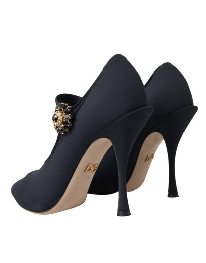 Zapatos de tacón Mary Jane negros con cristales en jersey