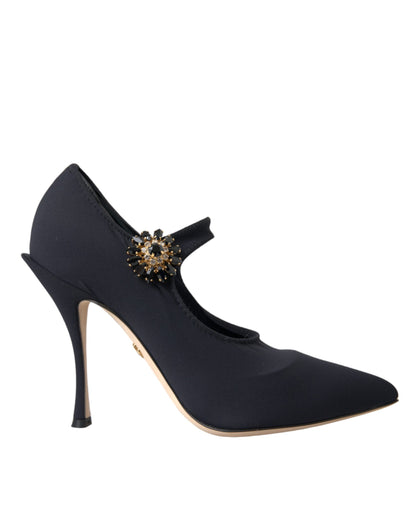 Zapatos de tacón Mary Jane negros con cristales en jersey