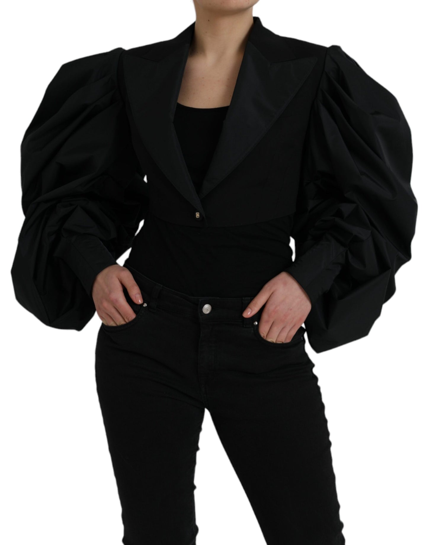 Chaqueta corta de poliéster negro con mangas abullonadas