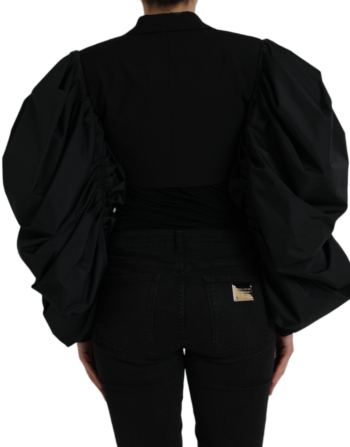 Chaqueta corta de poliéster negro con mangas abullonadas