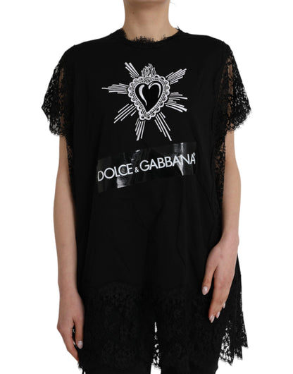Camiseta negra de encaje de algodón con estampado del Sagrado Corazón