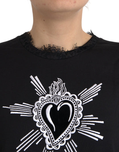 Camiseta negra de encaje de algodón con estampado del Sagrado Corazón