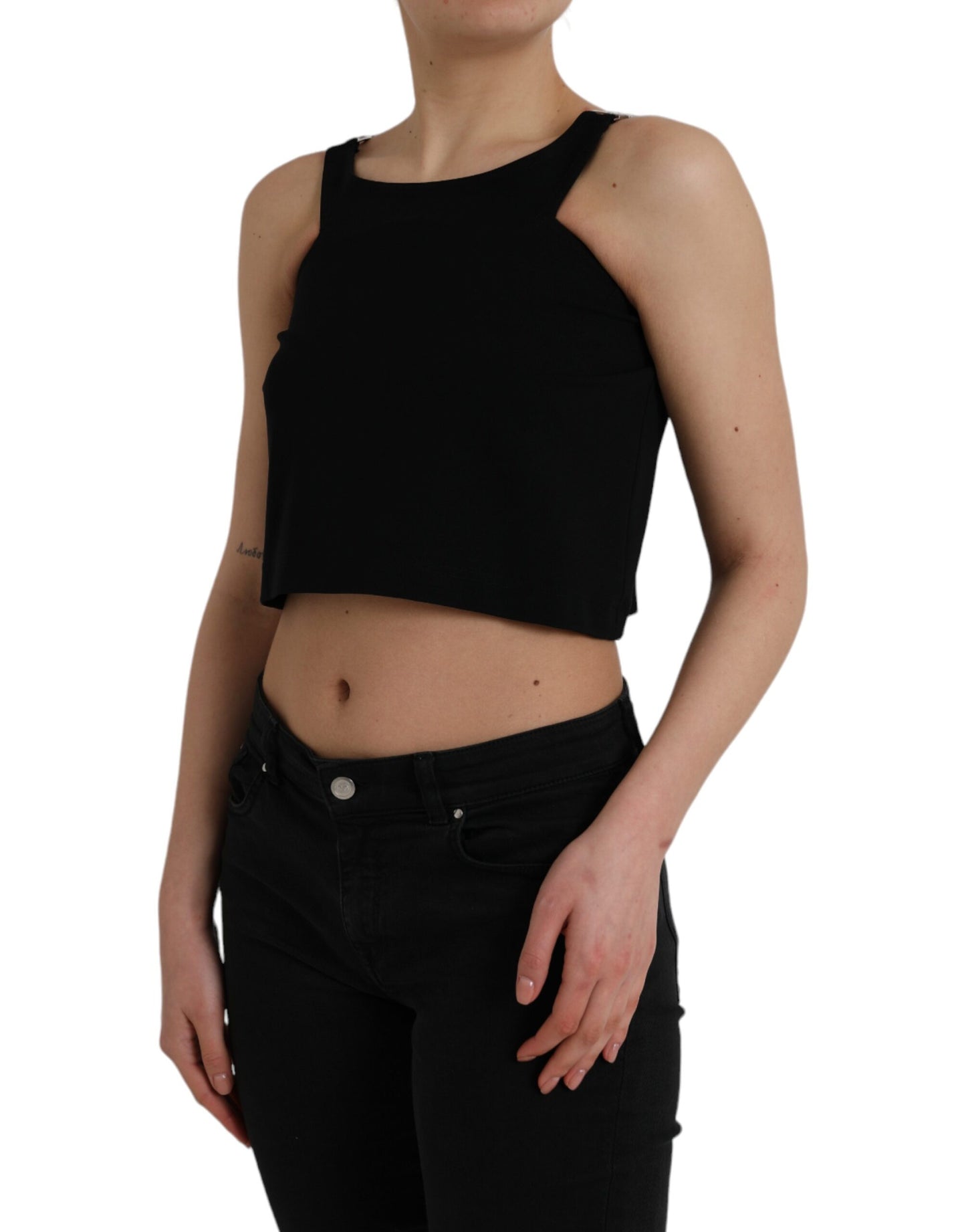 Top corto negro sin mangas con cuello redondo