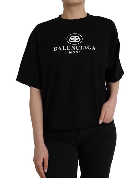 Camiseta de algodón negra con cuello redondo y manga corta con logotipo