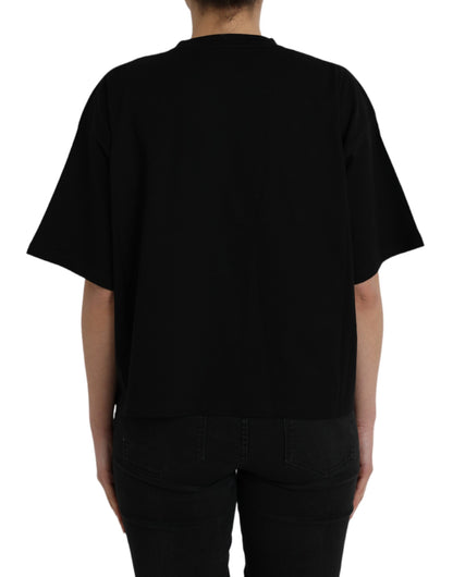 Camiseta de algodón negra con cuello redondo y manga corta con logotipo