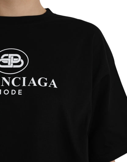 Camiseta de algodón negra con cuello redondo y manga corta con logotipo