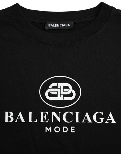 Camiseta de algodón negra con cuello redondo y manga corta con logotipo